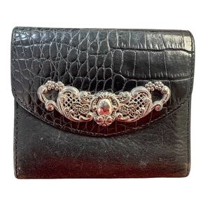 VTG Brighton Black Leather Wallet  Ornate Silver Detail Tri-Fold 90s